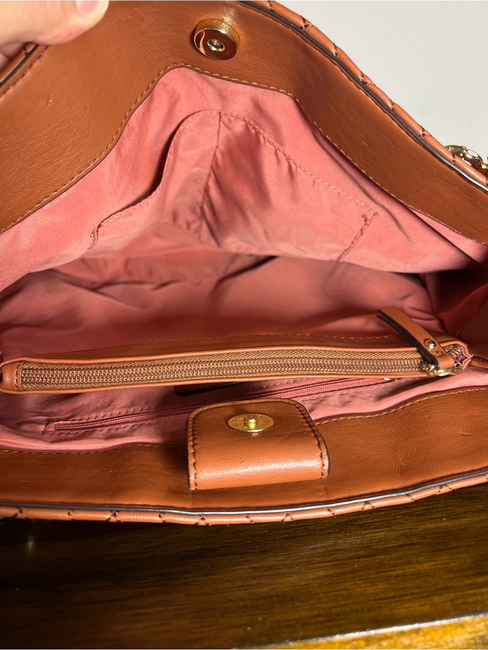 Anne Klein Quilted Cognac Leather Shoulder Bag with Heart Chain - Picture 8 of 9